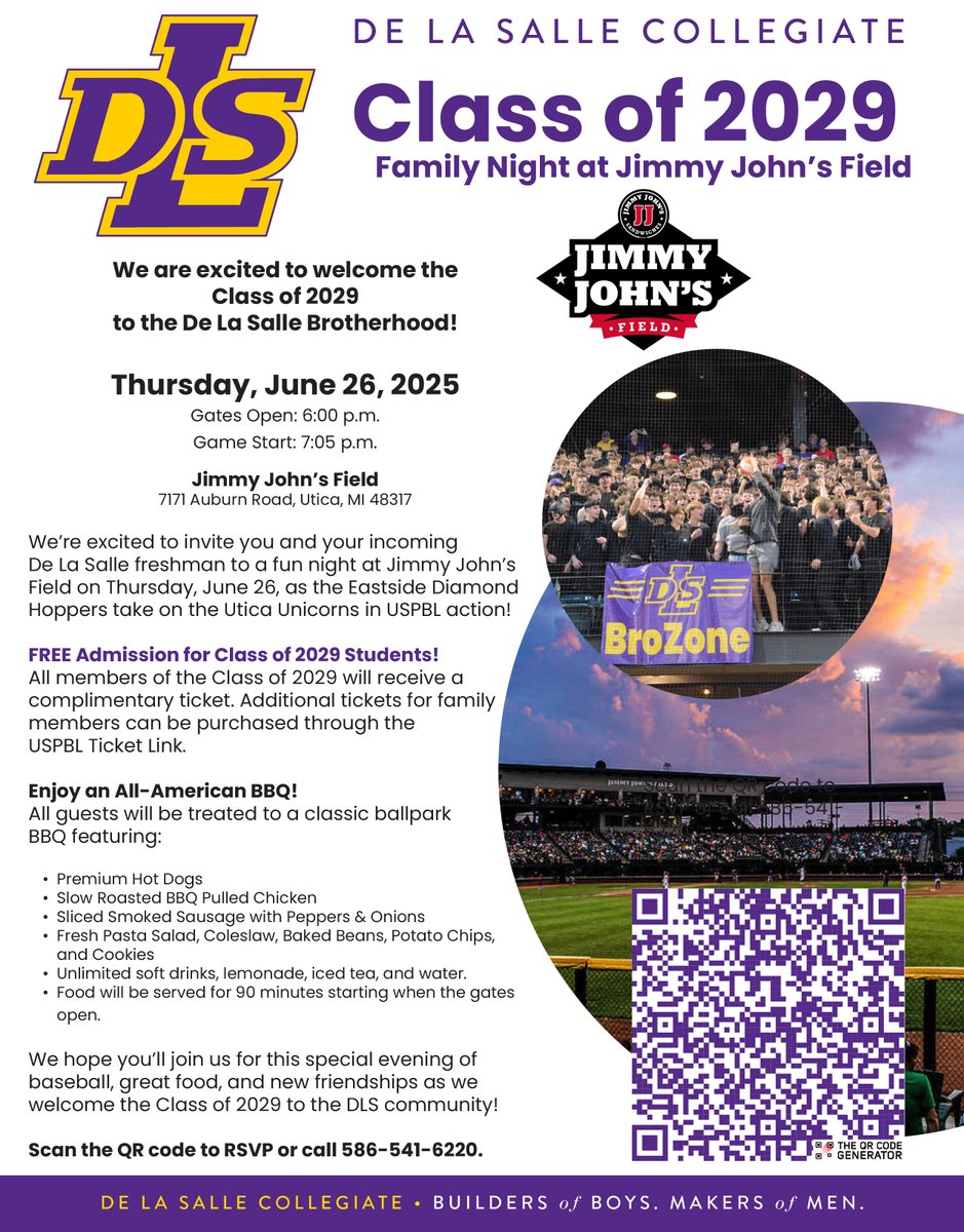 ATTENTION: The Class of 2029 Family Night at Jimmy John's Field is coming up next week on June 26! We hope you will join us for a special evening of baseball, great food, and new friendships as we welcome the Class of 2029 into the DLS Brotherhood! #PilotPride #LasallianEducation