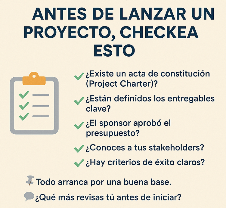 DataSe0's tweet image. Antes de lanzar un proyecto, checkea esto 👇
✅ Project Charter aprobado
✅ Entregables definidos
✅ Presupuesto validado
✅ Stakeholders identificados
✅ Criterios de éxito claros
Todo arranca por una buena base.
¿Qué más revisas tú antes de iniciar?
#PMTips #ProjectManagement
