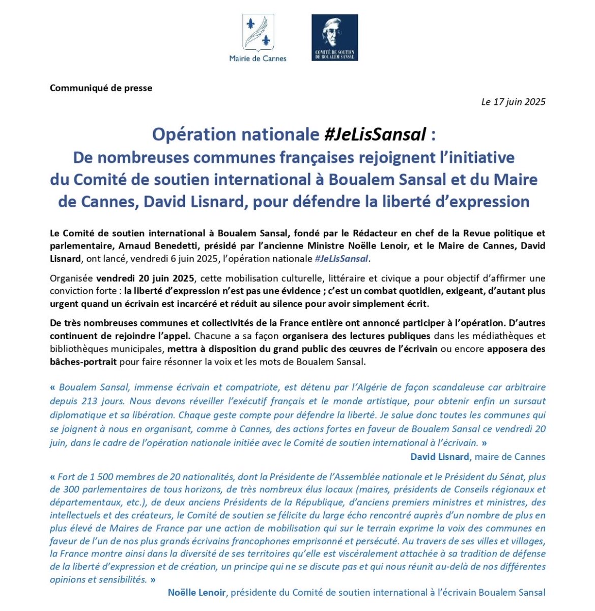 noelle lenoir (@noellelenoir) on Twitter photo Mmes et MM les maires, rejoignez les villes et villages qui se mobilisent pour la libération de #BoualemSansal en célébrant son œuvre magistrale dont la portée est universelle! Mmes et MM les maires, rejoignez les villes et villages qui se mobilisent pour la libération de #BoualemSansal en célébrant son œuvre magistrale dont la portée est universelle!