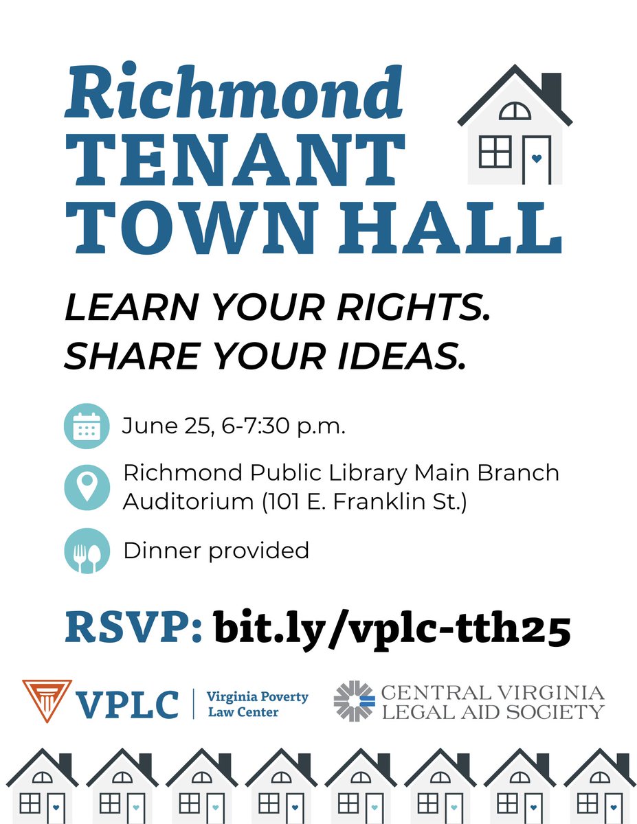 Our Richmond Tenant Town Hall is coming up soon! We need to hear from you: what problems are you experiencing as a Richmond renter? Join us on June 25 &amp; help us fight to improve Virginia's housing laws.

RSVP here: bit.ly/vplc-tth25
