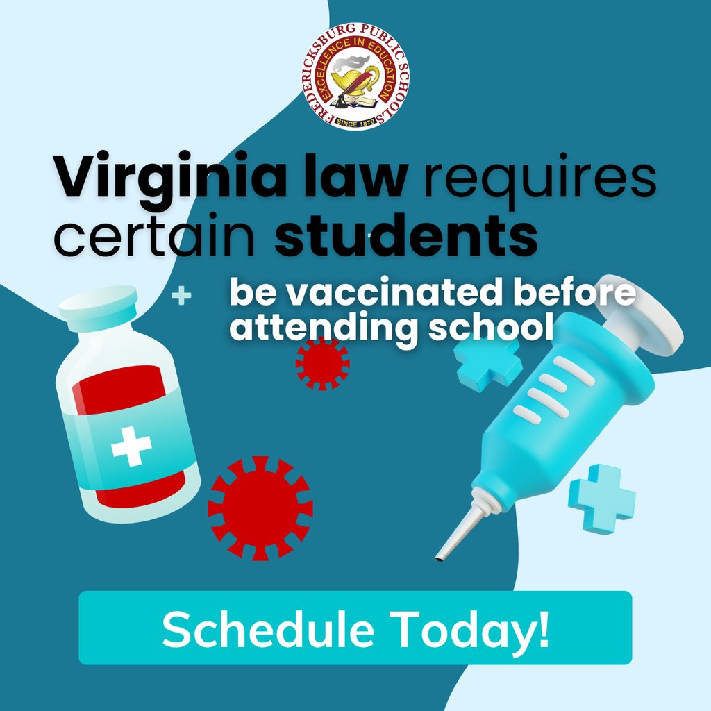 Students entering kindergarten, 7th, or 12th grade may need immunizations before the new school year. These vaccines help keep kids healthy and in school. FREE appointments are available at the Fredericksburg Health Dept.

More info: fxbgschools.us/page/immunizat…