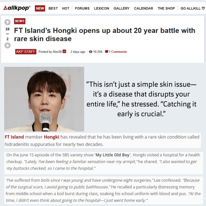 This week FTISLAND  member Hongki revealed that he has been living with hidradenitis suppurativa for nearly 2 decades

Read the story here 💜👇
allkpop.com/article/2025/0… 

Thank you to Hongki and everyone who brings awareness to HS 💜 

#FTIsland #Hongki  #hidradenitissuppurativa