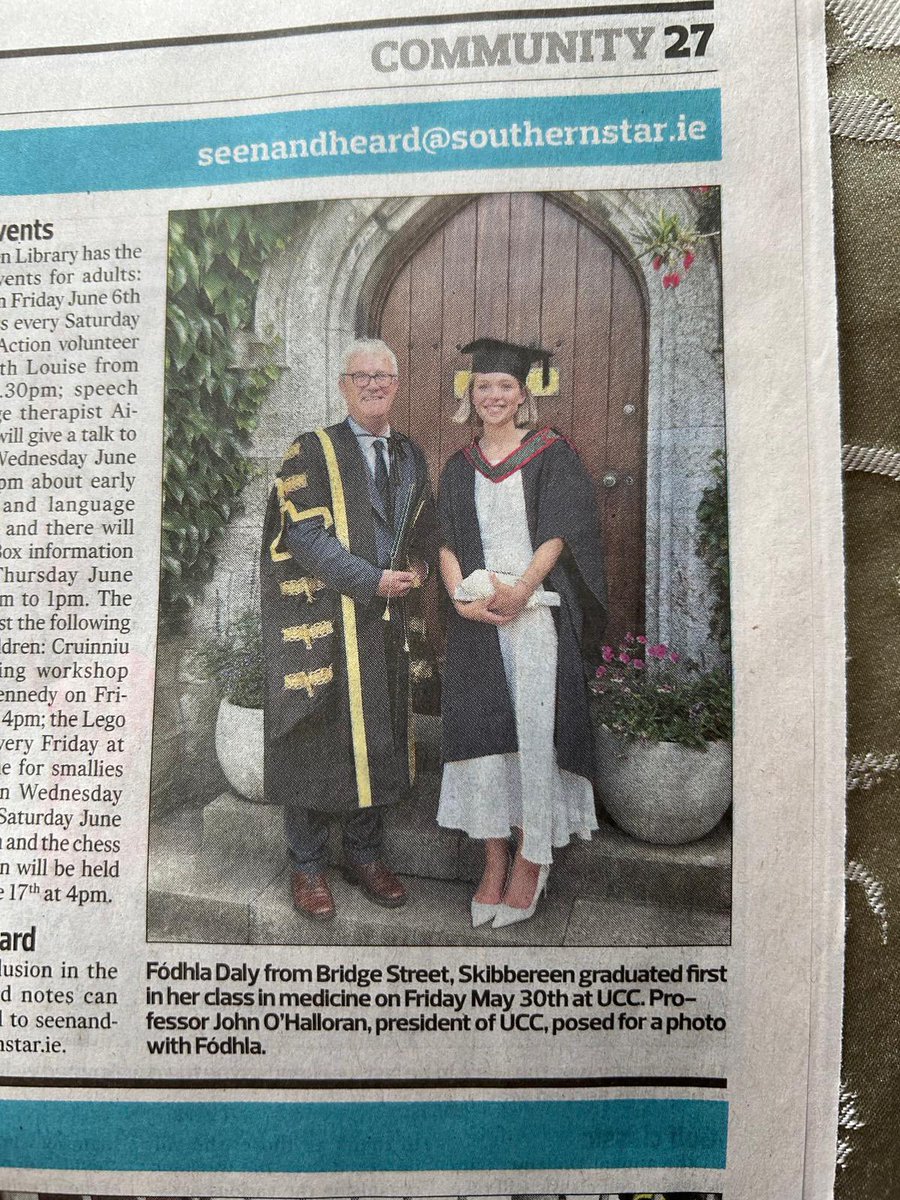 Caragh Bell (@bellcaragh) on Twitter photo Thanks to <a href="/SouthernStarIRL/">The Southern Star</a> for publishing this picture of my daughter, Fódhla, who graduated recently
From <a href="/UCC_Medicine/">UCCMedicine</a> ❤️
So proud of you, Fó x Thanks to <a href="/SouthernStarIRL/">The Southern Star</a> for publishing this picture of my daughter, Fódhla, who graduated recently
From <a href="/UCC_Medicine/">UCCMedicine</a> ❤️
So proud of you, Fó x