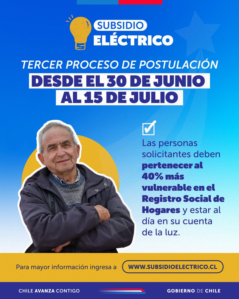 ¿Te enteraste? 🤔 Desde el 30 de junio al 15 de julio podrás postular a la tercera convocatoria del #SubsidioEléctrico. ⚡️💡

⚠️ Si ya lo tienes y te cambiaste de domicilio, actualiza tus datos.

Revisa todos los detalles de la postulación en 📲 subsidioelectrico.cl