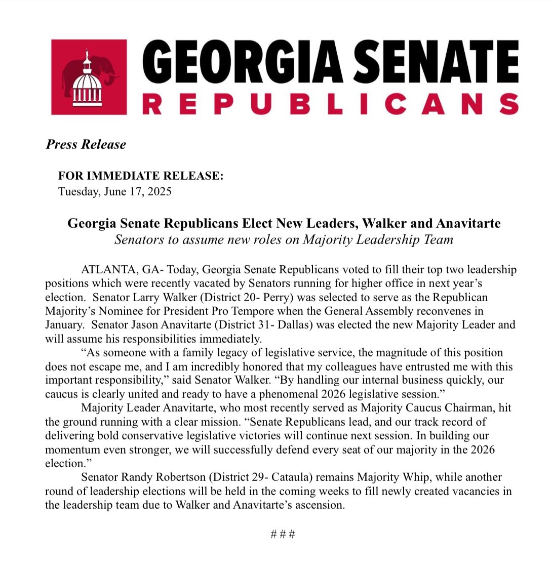 GASenateGOP's tweet image. Georgia Senate Republicans Elect New Leaders, Walker and Anavitarte.