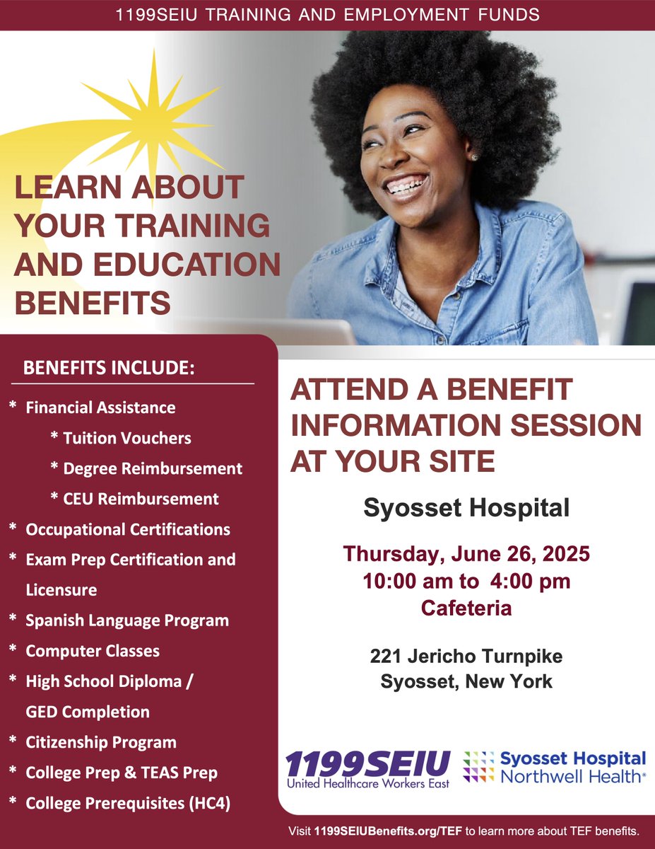 .<a href="/1199SEIU/">1199SEIU💫</a> members working at Syosset Hospital, we'll visit your site for a benefit information session Thursday, June 26, from 10am to 4pm. See flyer for details &amp; join us to learn about your TEF benefits.

Please share this post &amp; flyer with your coworkers. We hope to see you!