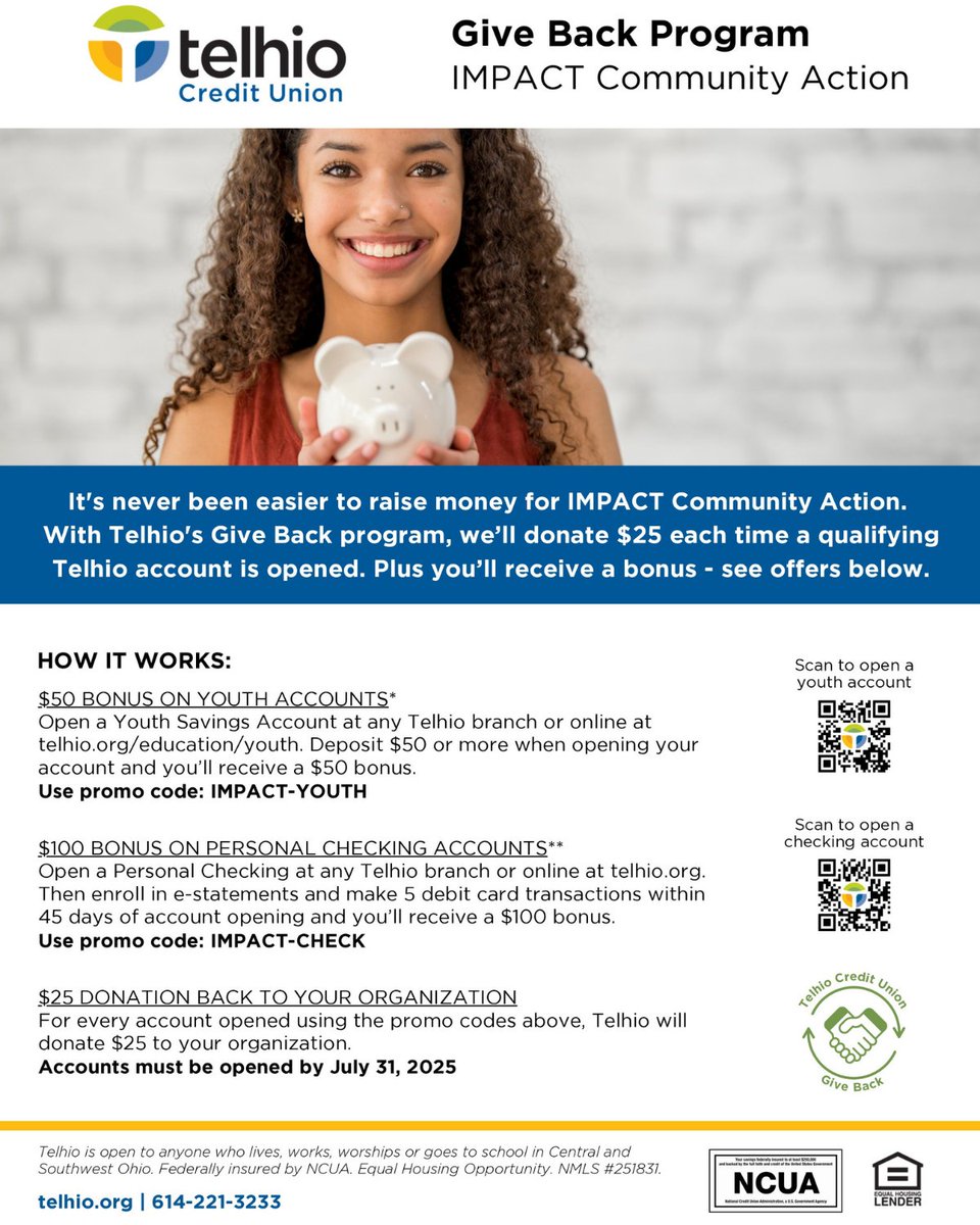 IMPACT Community Action (@impactca) on Twitter photo IMPACT Community Action is excited to partner with <a href="/TelhioCU/">Telhio Credit Union</a> to bring you our Give Back Program! Sign up today, use our promo codes, and support our cause. This program ends July 31st—don’t miss out! IMPACT Community Action is excited to partner with <a href="/TelhioCU/">Telhio Credit Union</a> to bring you our Give Back Program! Sign up today, use our promo codes, and support our cause. This program ends July 31st—don’t miss out!
