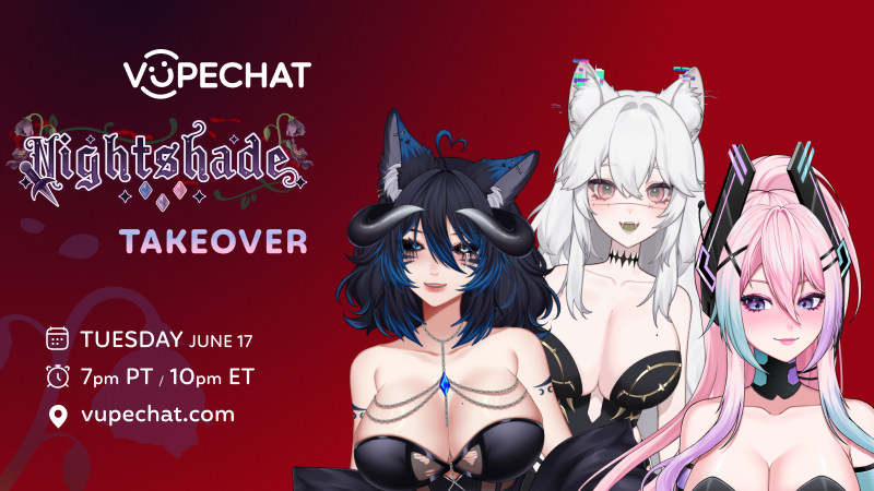 Vupechat (@vupechat) on Twitter photo MEET YOUR ππππππ¨ πππ’ππ‘ππ’ π₯πͺ
<a href="/codenightshade/">Code: Nightshade π₯πͺ</a> is stepping out of the shadows for a Vupechat takeover TONIGHT!
Will you survive spontaneous collabs with Laele, Lylanxia, & Cherriβ¦ or fall victim to their charm? π
STARTING SOON (Midweek Mixer) π MEET YOUR ππππππ¨ πππ’ππ‘ππ’ π₯πͺ
<a href="/codenightshade/">Code: Nightshade π₯πͺ</a> is stepping out of the shadows for a Vupechat takeover TONIGHT!
Will you survive spontaneous collabs with Laele, Lylanxia, & Cherriβ¦ or fall victim to their charm? π
STARTING SOON (Midweek Mixer) π