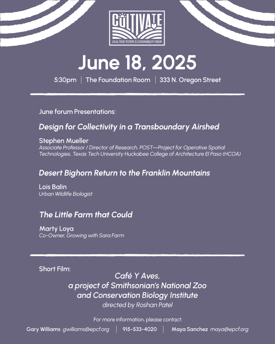 ElPasoCF's tweet photo. The @ElPasocf is thrilled to announce the lineup for the next Cultivate: Local Food Systems &amp; Sustainability Forum on Wed, June 18 at 5:30pm in the Foundation Room (333 N. Oregon St., El Paso, TX 79901.) More info: https://t.co/cMvEcDNkfU

#foodsystems #sustainability #elpasotx https://t.co/UuTKASFx7t