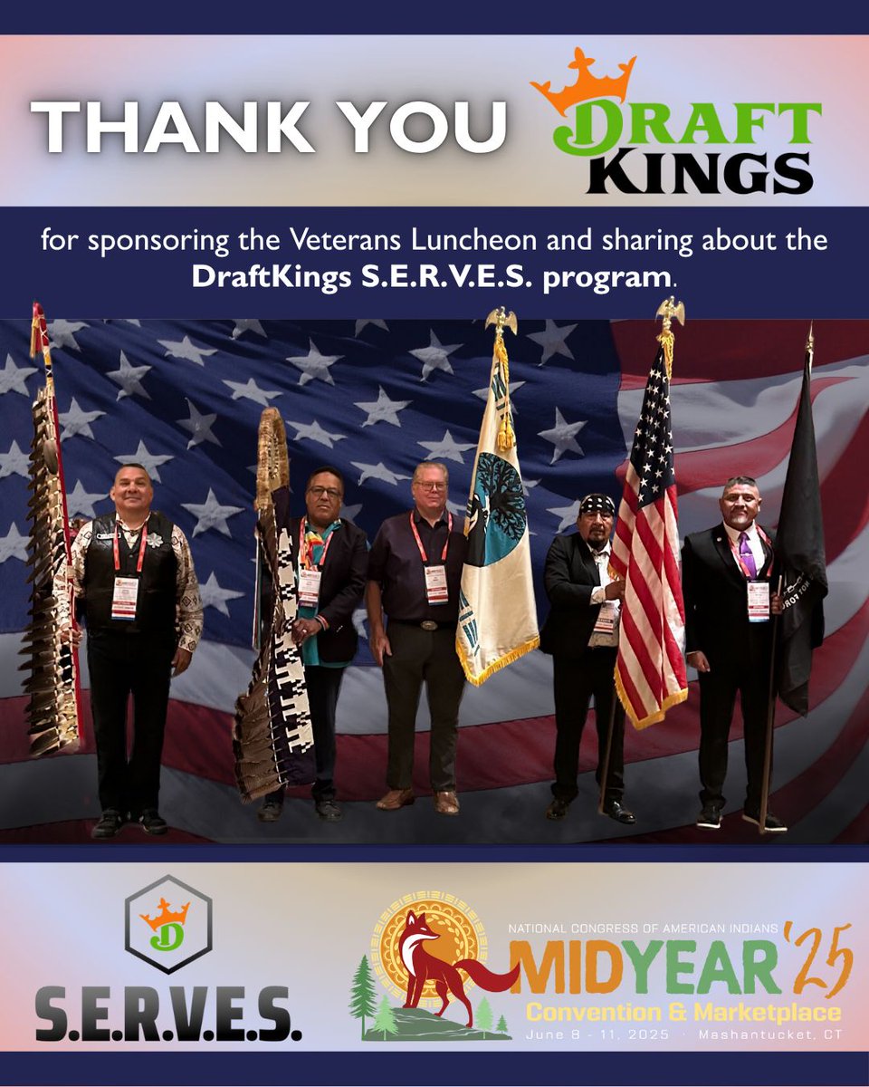 A heartfelt thank you to <a href="/DraftKings/">DraftKings</a> for generously sponsoring our Veterans Luncheon last week at the NCAI Mid Year Convention &amp; Marketplace hosted at the Foxwoods Resort Casino, home of the Mashantucket Pequot Tribal Nation. (1/2)