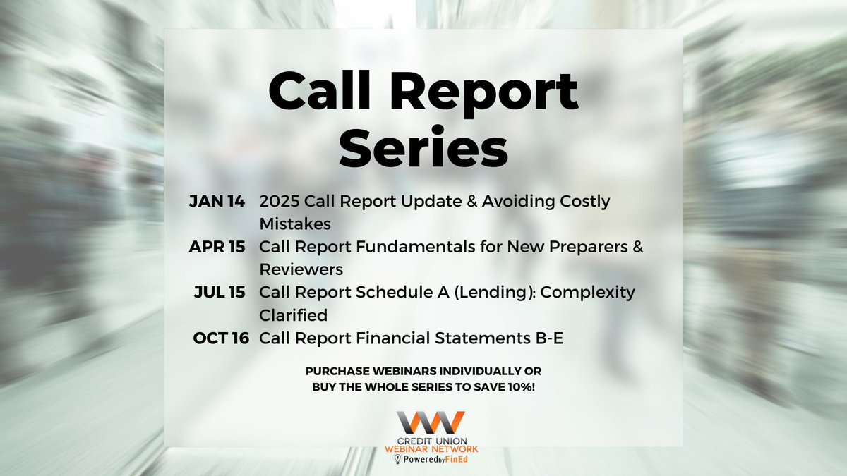 Conquer Call Report complexities in our 4-part series! 🌟 Get CECL updates, loan coding, risk weights &amp; TDR insights. Avoid mistakes &amp; ensure compliance. Buy webinars individually or save 10% on the series! 

Register Here: fin-ed.info/40u6g8P