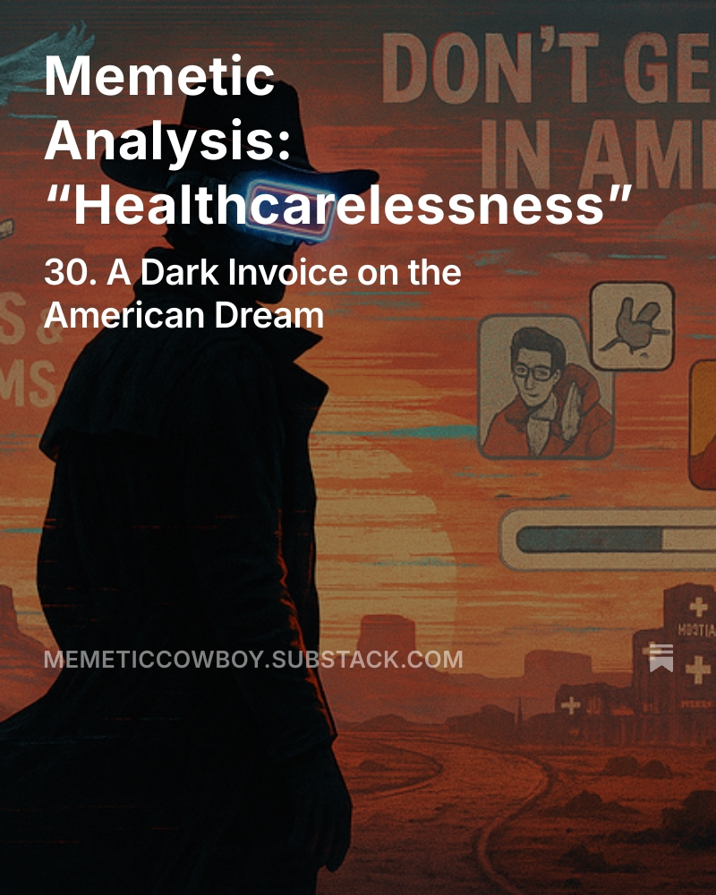 <a href="/nema_cio/">NEMA</a> <a href="/danieldurrant/">Daniel Durrant</a> <a href="/BurkhartRj/">Bob-RJ Burkhart</a> <a href="/rotkapchen/">Paula Thornton</a> <a href="/ddrrnt/">Daniel</a> In this memetic analysis we explore four selfplexes in the Healthcareless system in the US. 
- Systemic Survivors
- Technocratic Saviors
- Righteous Collapse Anticipators
- Free-Market Patriots
memeticcowboy.substack.com/p/memetic-anal…