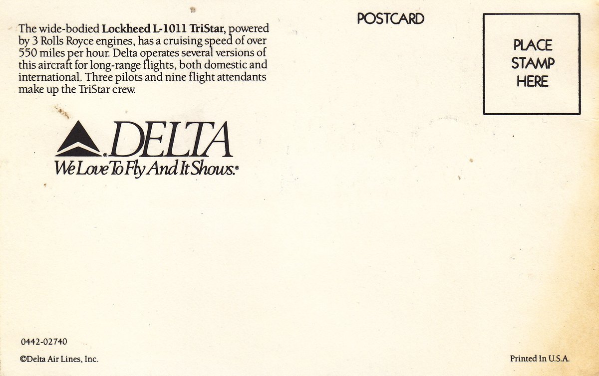 MarjeMolder's tweet photo. This #vintage #souvenir #postcard - advertising #DeltaAirlines #Lockeed L-1011 Tristar #aircraft (flying since 1972) - remains PUN #deltiology #airplanes https://t.co/7z3bD2I77E