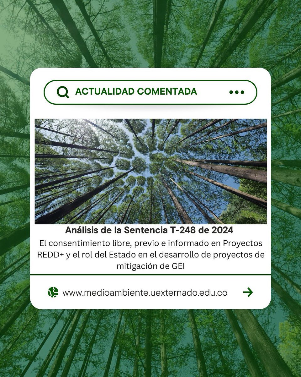Invitamos a leer la #actualidadcomentada de esta semana “Análisis de la Sentencia T-248 de 2024: El consentimiento libre, previo e informado en Proyectos de REDD+ y el rol del Estado en el desarrollo de proyectos de mitigación de GEI”

medioambiente.uexternado.edu.co/analisis-de-la…

#noticia #jurídica