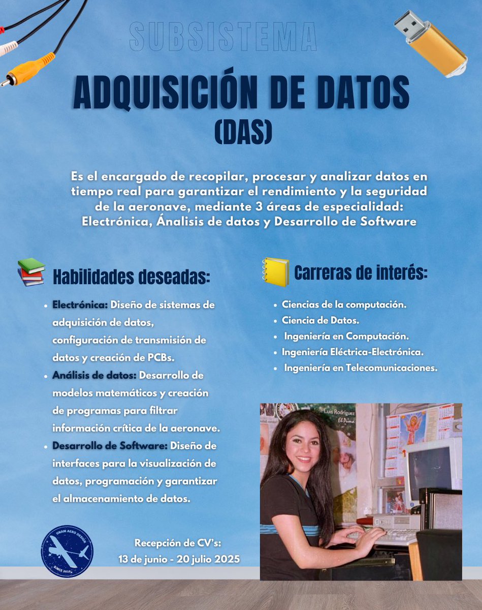 unamaerodesign's tweet photo. ¡UNAM Aero Design está buscando tu talento ! 🛫
Conoce los perfiles que solicitamos para el sistema de Aviónica. Si te interesa entrar el equipo, contesta formulario de nuestra biografía ✈️
🗓️ ¡Tienes hasta el 20 de julio para aplicar!
#UNAM #FIUNAM #FCUNAM #CU #ORGULLOPUMA https://t.co/BQTp7sKXXo
