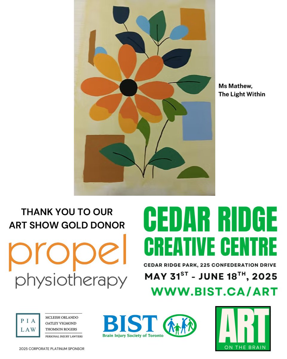Thank you so much to our Art On The Brain Sponsor @propelphysiotherapy! Be sure to explore works from over 50 artists who live with the effects of #braininjury at Cedar Ridge Creative Centre - on until June 18th!
Learn more and check out our virtual show: bist.ca/art