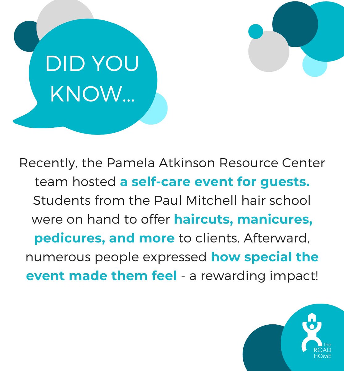 Self-care can completely transform the way we feel about ourselves and is an important practice for everyone! Thanks to the talented students from Paul Mitchell hair school who generously dedicated their time - the smiles and gratitude shared were truly special.