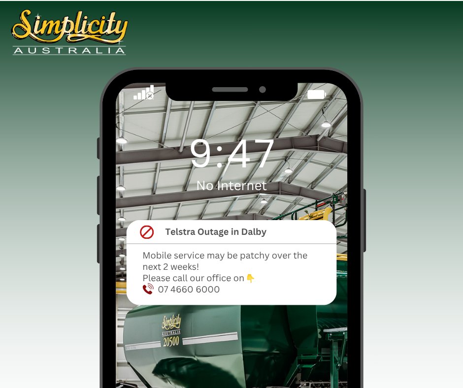 📣 Telstra Outage – Dalby Region
🗓️ 17–30 June
Telstra is doing major network works, so mobile service may be limited.

📵 Can’t get through? Call us at the office: 07 4660 6000

Thanks for your patience , we will keep you updated!