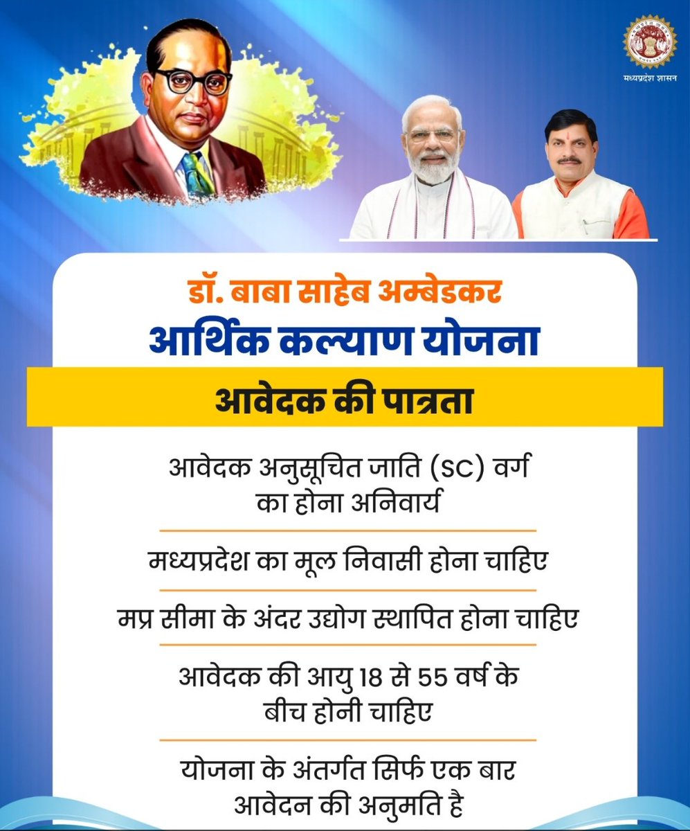 डॉ. बाबा साहेब अम्बेडकर आर्थिक कल्याण योजना

इस योजना का उद्देश्य SC वर्ग के बेरोज़गार युवाओं को स्वरोज़गार के माध्यम से आत्मनिर्भर बनाना है

जानिए, योजना का लाभ पाने के लिए पात्रता ⤵️

#SCWelfare
#कटनी 
#katni