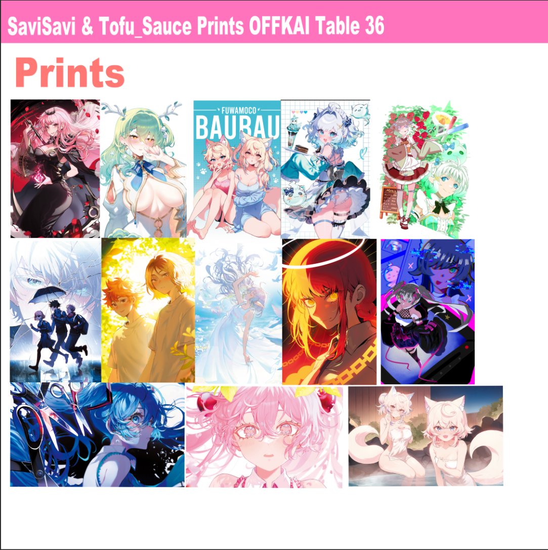 Tofu_Sauce's tweet image. Offkai Catalog Table 36!!
#OffKaiGen4
Phase Gacha is back this year to win jumbo sticker of each member!
Some of SaviSavi prints will be at the table!