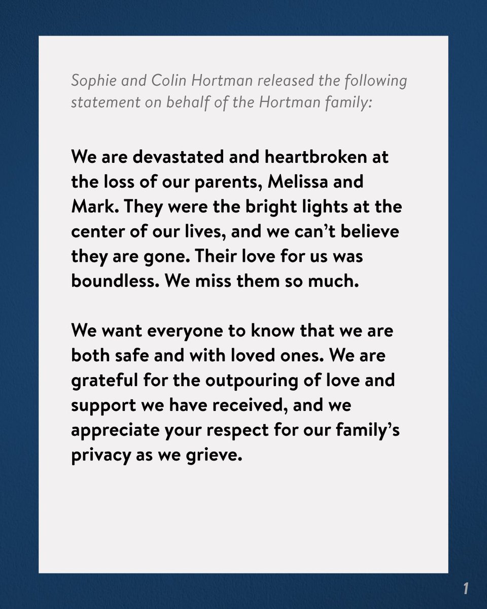 mnhouseDFL's tweet image. Last night, Sophie and Colin Hortman released the following statement on behalf of the Hortman family: