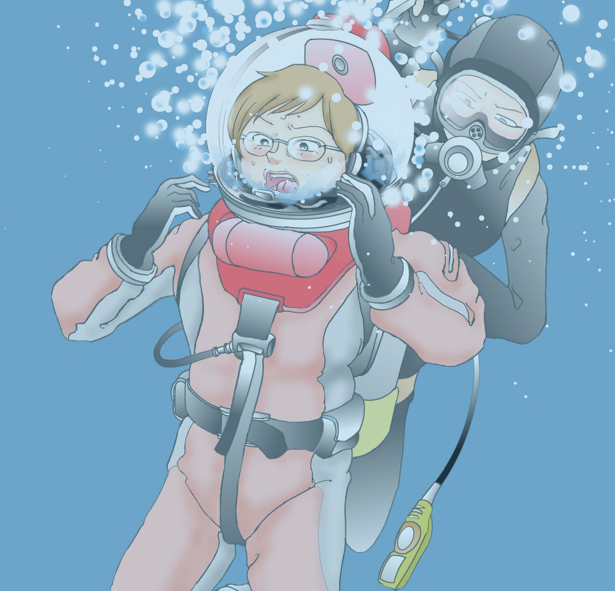 saru924's tweet image. A scuba diver cut her air hose, causing seawater to flood her helmet.