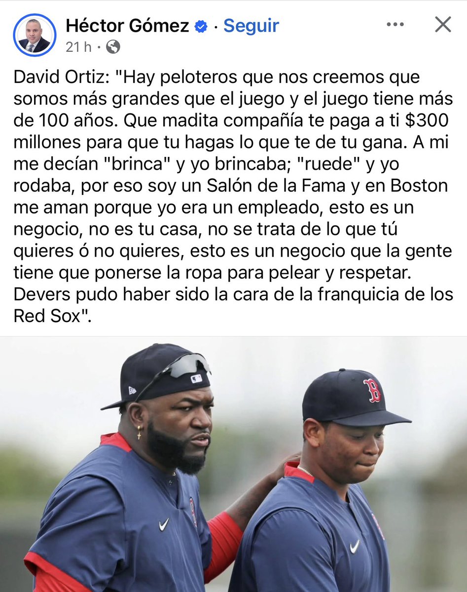 Todo el mundo sabe que esa era mi imagen desde 2021 en mi X…
Después de esas declaraciones decido quitarla.
Los dueños de equipos que se vayan a la mierda… A nadie le dan 300MM por malo… hay que respetar para que te respeten… Bien por Devers.
<a href="/hgomez27/">Héctor Gómez</a> <a href="/davidortiz/">David Ortiz</a> <a href="/RedSox/">Red Sox</a>