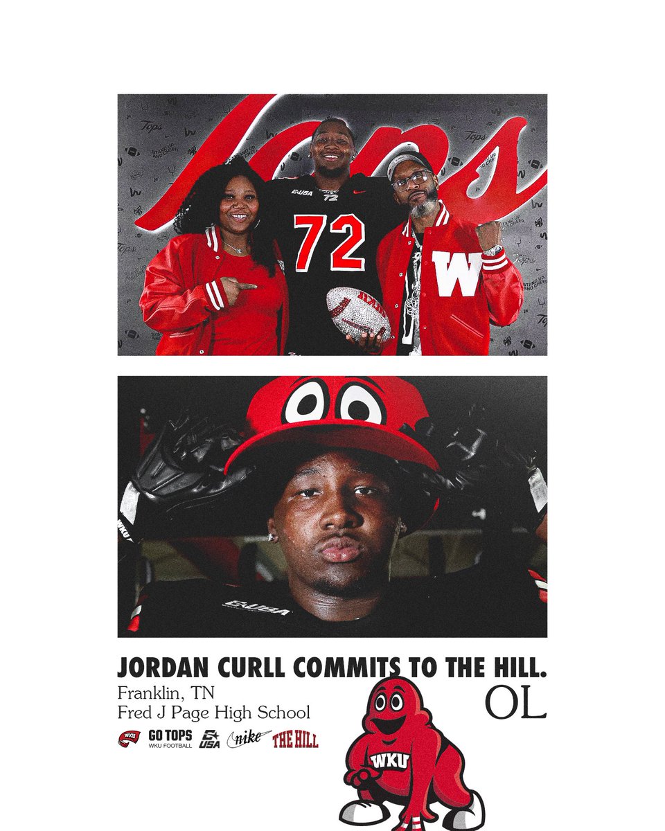Jordan Curll (@jordancurll) on Twitter photo I am grateful and blessed to announce my commitment to Western Kentucky‼️ <a href="/WKUFootball/">WKU Football</a> Thank you to my coaches and my family for all the time and effort to making me the man and player I am today. Let’s Work #GoTops
<a href="/CoachBernardi74/">Joe Bernardi</a> <a href="/CoachThurm87/">Coach Jarae Thurmond</a> <a href="/Coach_Helton/">Tyson Helton</a> <a href="/TheKramme/">Zachary Kramme</a> I am grateful and blessed to announce my commitment to Western Kentucky‼️ <a href="/WKUFootball/">WKU Football</a> Thank you to my coaches and my family for all the time and effort to making me the man and player I am today. Let’s Work #GoTops
<a href="/CoachBernardi74/">Joe Bernardi</a> <a href="/CoachThurm87/">Coach Jarae Thurmond</a> <a href="/Coach_Helton/">Tyson Helton</a> <a href="/TheKramme/">Zachary Kramme</a>