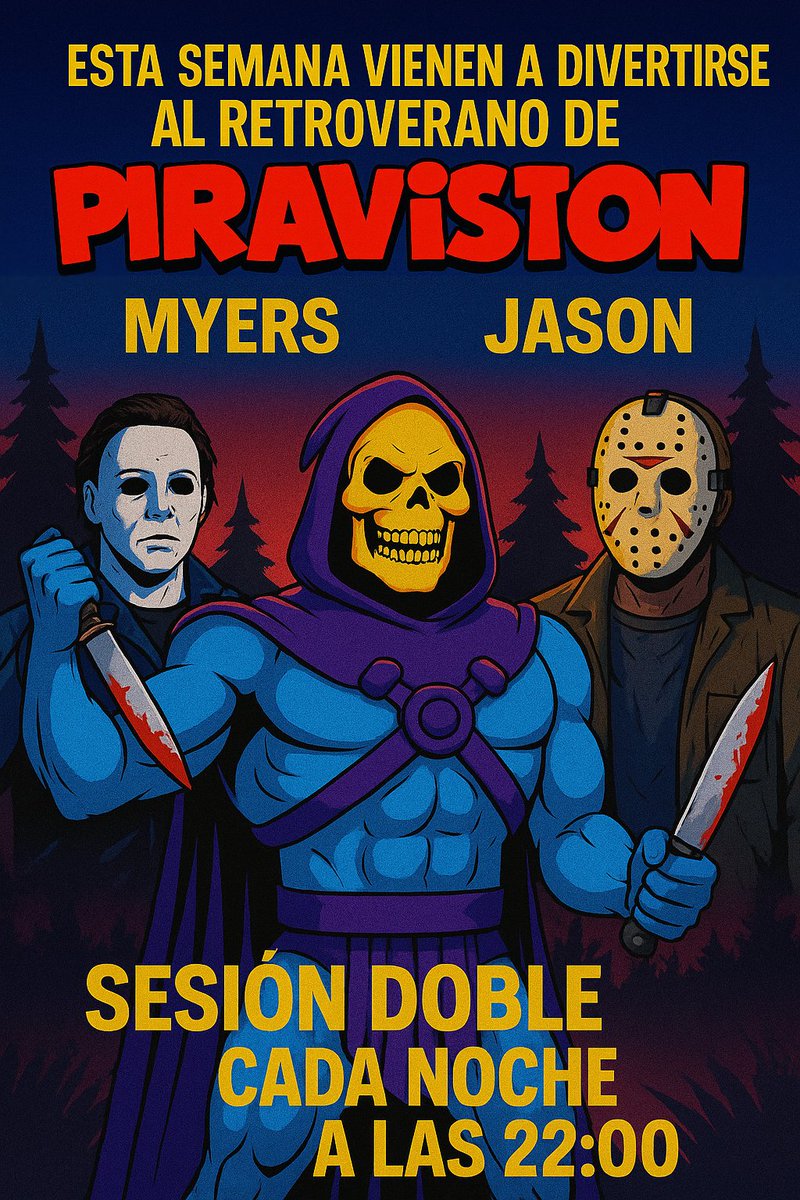 PiraVision's tweet image. ¡Piraviewers! 🤟 Esta semana vienen a divertirse al RetroVerano de Piravision… Michael Myers y Jason Voorhees!

🔪 Cada noche a las 22:00h, sesión doble de muertes de campistas y babysisters con las Sagas de Viernes 13 y Halloween

Corred… pero hacia 👉 kick.com/piravision