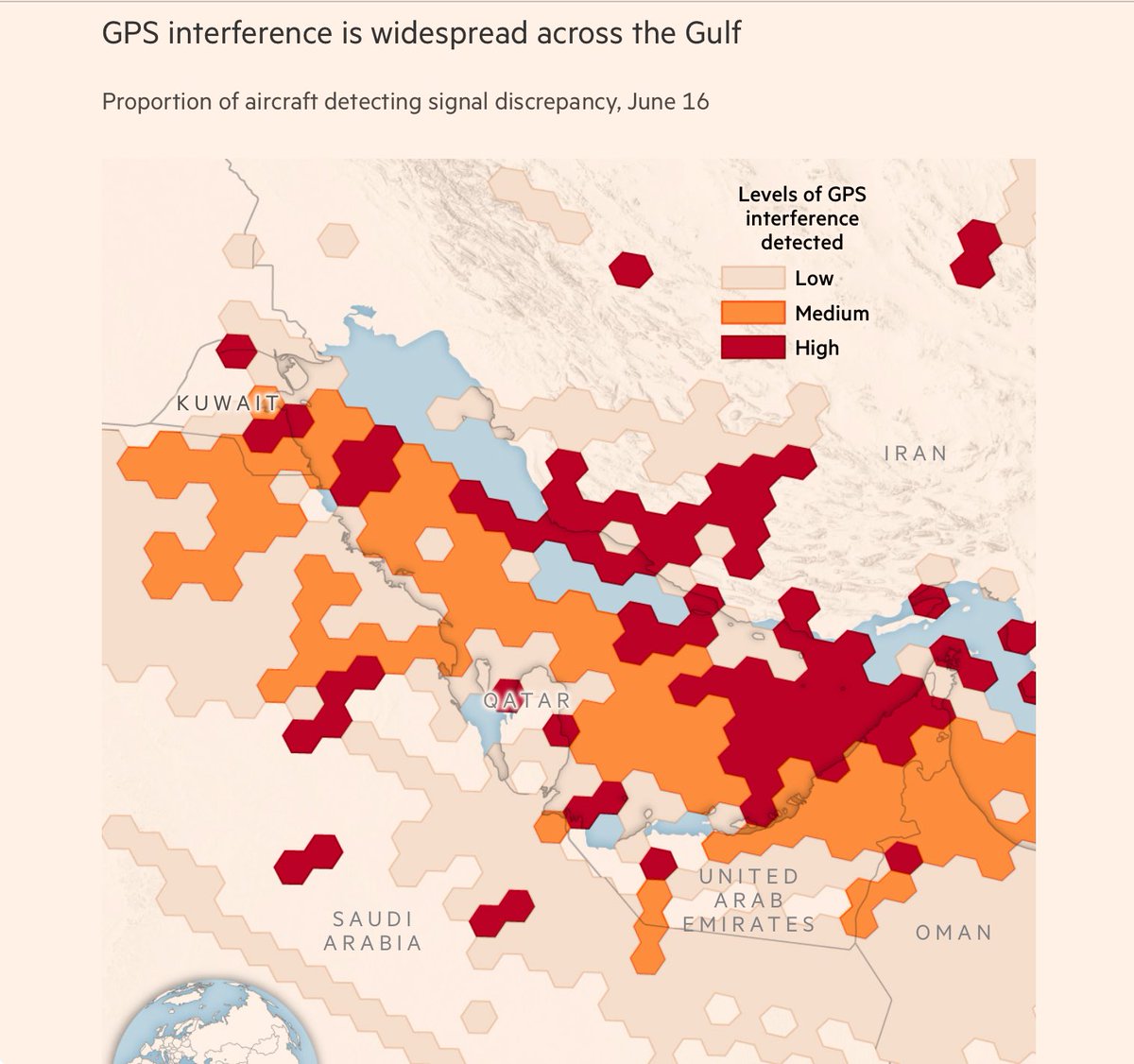 VandanaHari_SG's tweet photo. If Iran is jamming ships’ GPS signals in the #StraitofHormuz, exposing them to dangerous accidents like the collision between tankers #Fronteagle and #Adalynn on June 15, this could be another way of effectively blockading the vital waterway.
Good, detailed report by the @FT on the severity of #GPS signal #jamming in the #Hormuz.