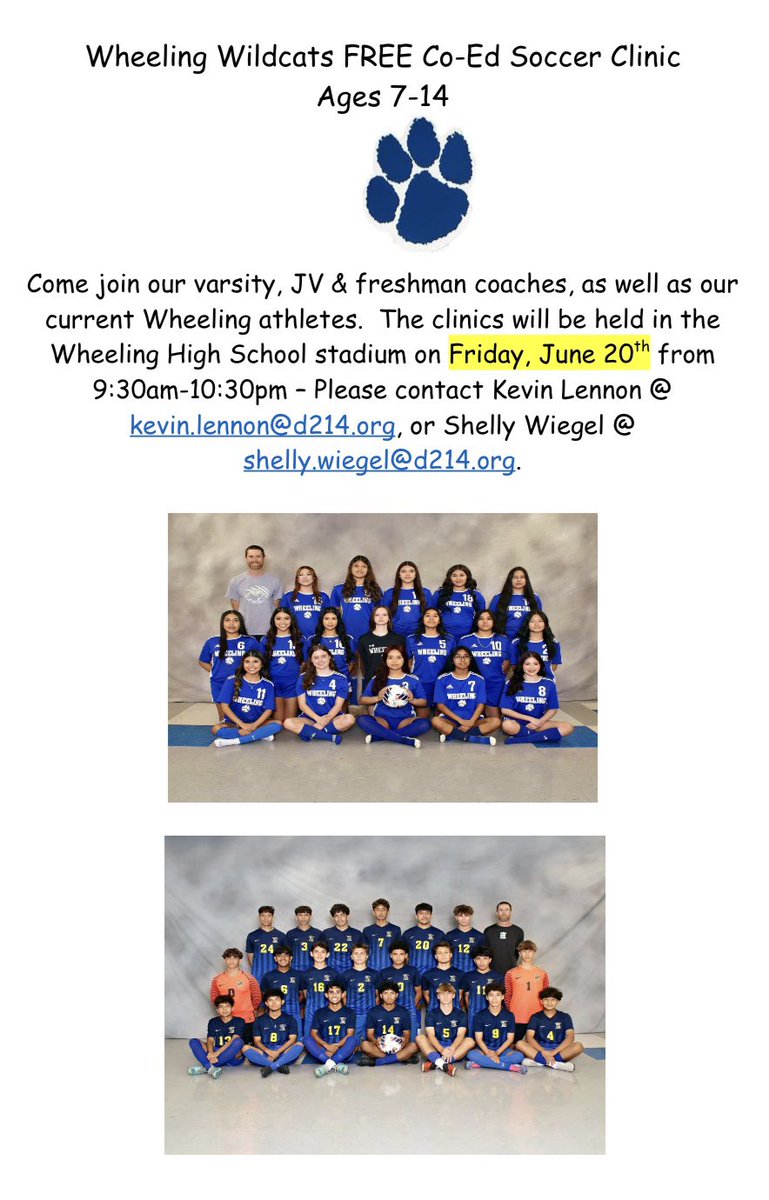 Come out and work on your game!  Free co-ed soccer clinic on Friday.  9:30am-10:30am in the stadium for athletes ages 7-14.  See you there!  💙🐱💪⚽️