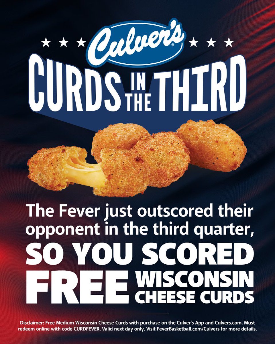 Curds in the Third 🧀

We outscored the Sun 21-13 in the third quarter tonight, which means you score free <a href="/culvers/">Culver's Restaurants</a> cheese curds!

FeverBasketball.com/Culvers