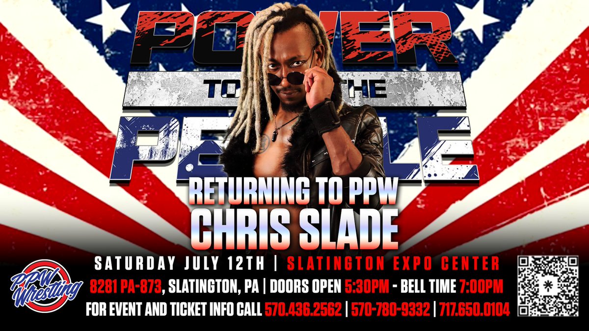 After taking the great VSK to the absolute limit at Bound by Honor in May, the Picture Perfect Assassin returns to Slatington on July 12th.

Former No Limits Champion CHRIS SLADE will be in action at Power to the People!

🎟️: ppwwrestling.com/shop
🎨: Lor Diaz