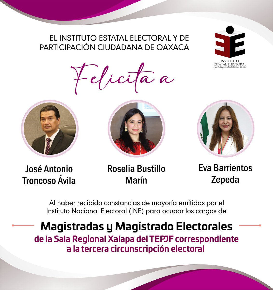 ⚖️#IEEPCO desea el mayor de los éxitos en sus responsabilidades jurisdiccionales en favor de la democracia y los derechos político-electorales. #JusticiaElectoral #TEPJF #IEE | <a href="/LicAnt_Troncoso/">José Antonio Troncoso Ávila</a> <a href="/BustilloRoselia/">Roselia Bustillo Marín</a> <a href="/EvaBarrientosZe/">Eva Barrientos</a>