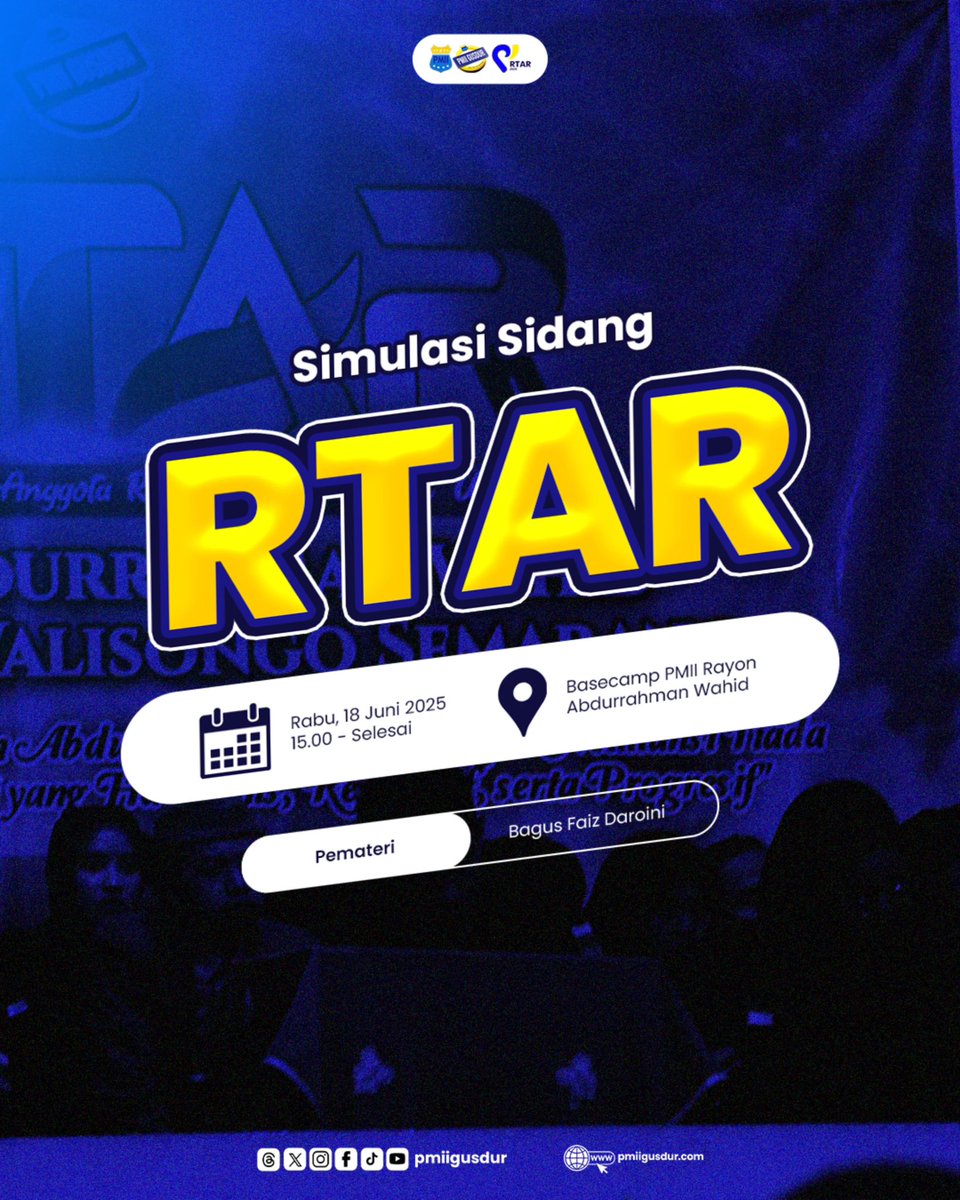 Yuk, siapkan dirimu! 🚀 Simulasi Sidang RTAR siap membekali kamu dengan ilmu dan pengalaman berharga. Jangan sampai ketinggalan hari ini, 18 Juni 2025, jam 15.00 di Basecamp PMII Rayon Abdurrahman Wahid. Bersama pemateri kece, Bagus Faiz Daroini! #PMIIGusdur #SimulasiSidang #RTAR