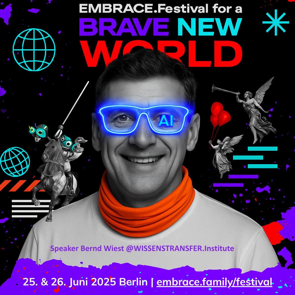 BRAVE NEW WORLD <a href="/tt_embrace/">EMBRACE</a> Festival.
25.-26.6.25 wird Berlin zum Hotspot für die Arbeitswelt von morgen. 200+ Speaker. 7 Bühnen. Deep Dives. Streetfood. Vibes. Und vor allem: Wissen, das wirkt. Mit dabei: Bernd Wiest WISSENSTRANSFER.Institute 25.06./16:30 portal.embrace.family/programmef25.h…