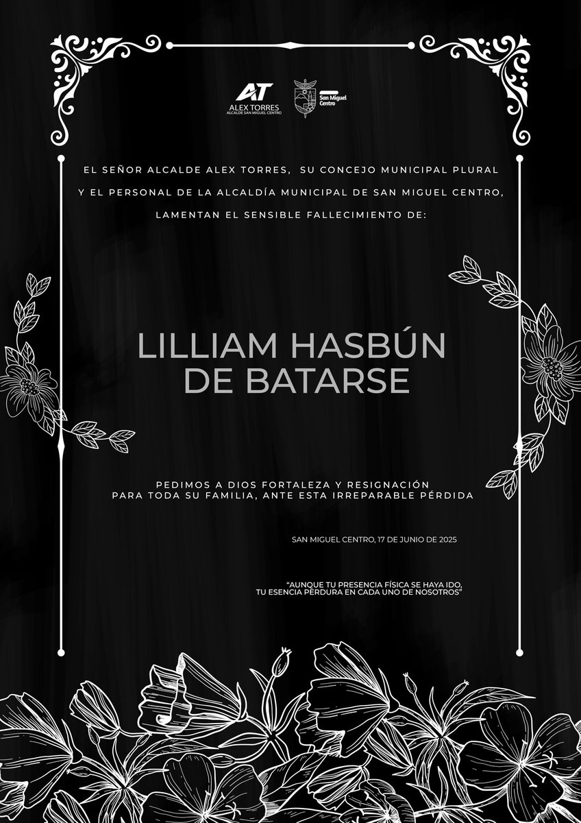 ALEXTORRES_SMC's tweet photo. 🕊️ Una mujer extraordinaria cuyo legado queda grabado en el corazón de todos los migueleños.

Mi más sentido pésame a la familia Hasbún Batarse por la partida de niña Lilliam. Que Dios les conceda fortaleza en este difícil momento. https://t.co/BsZVxdmVFH