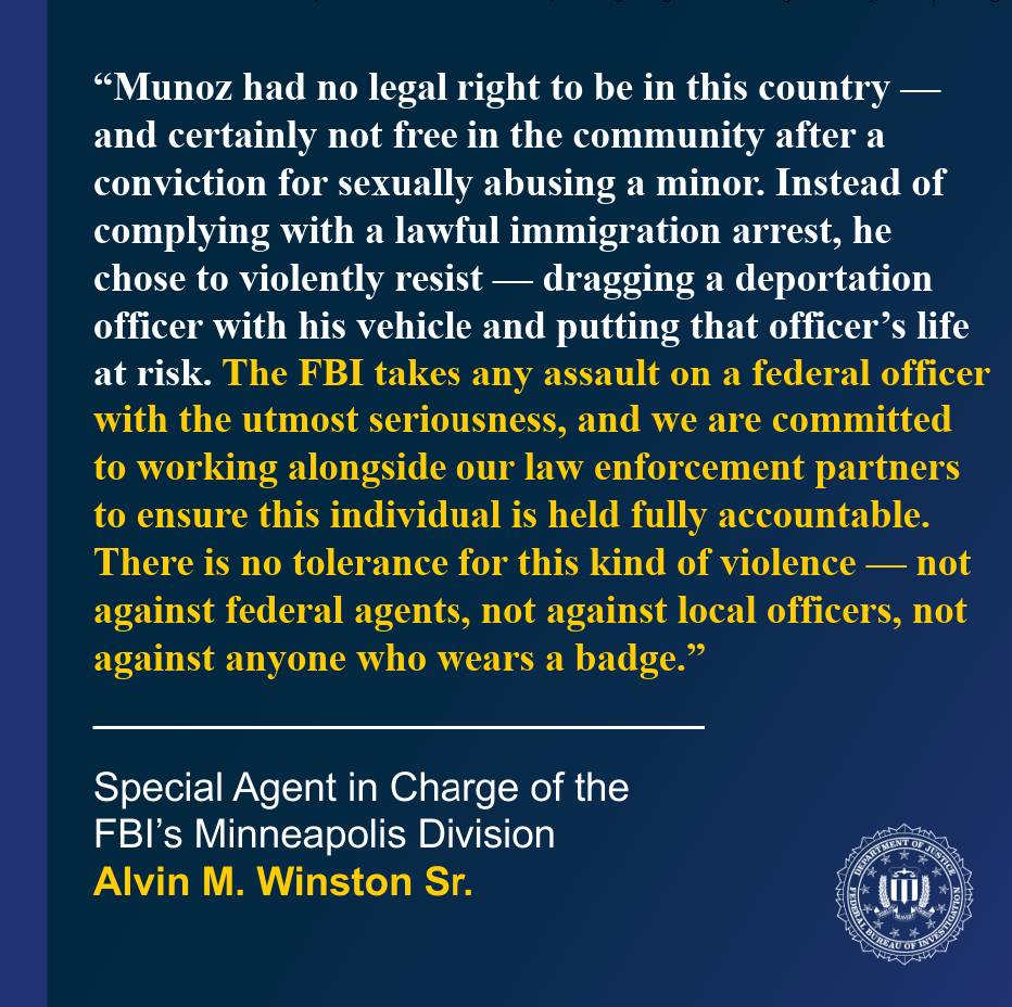 FBIMinneapolis's tweet image. Roberto Carlos Munoz, a citizen of Guatemala, has been charged federally with assault on a federal officer with a dangerous or deadly weapon and resulting in bodily injury.
Read More: ow.ly/8uQR50WbaBN