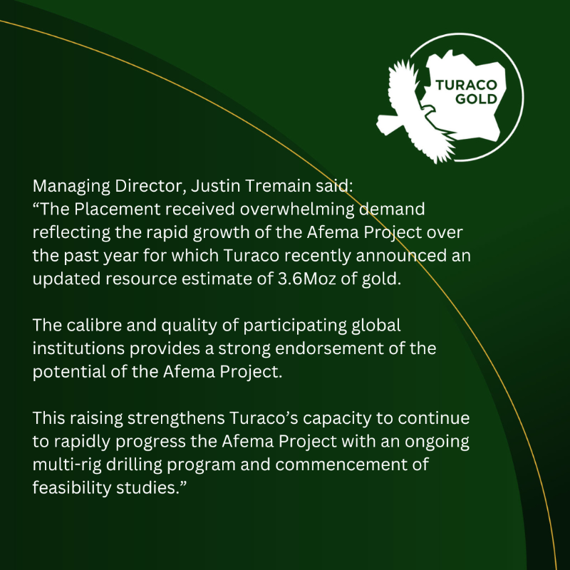 TuracoGold's tweet photo. 💰 $60M Placement to Accelerate Afema Growth 🇨🇮 

💪 Strongly supported by leading global and domestic resource funds, with demand well exceeding the offer

🚀 Funds will accelerate multi-rig drilling 🛠️ and kick off feasibility studies

#ASX #Gold #Afema