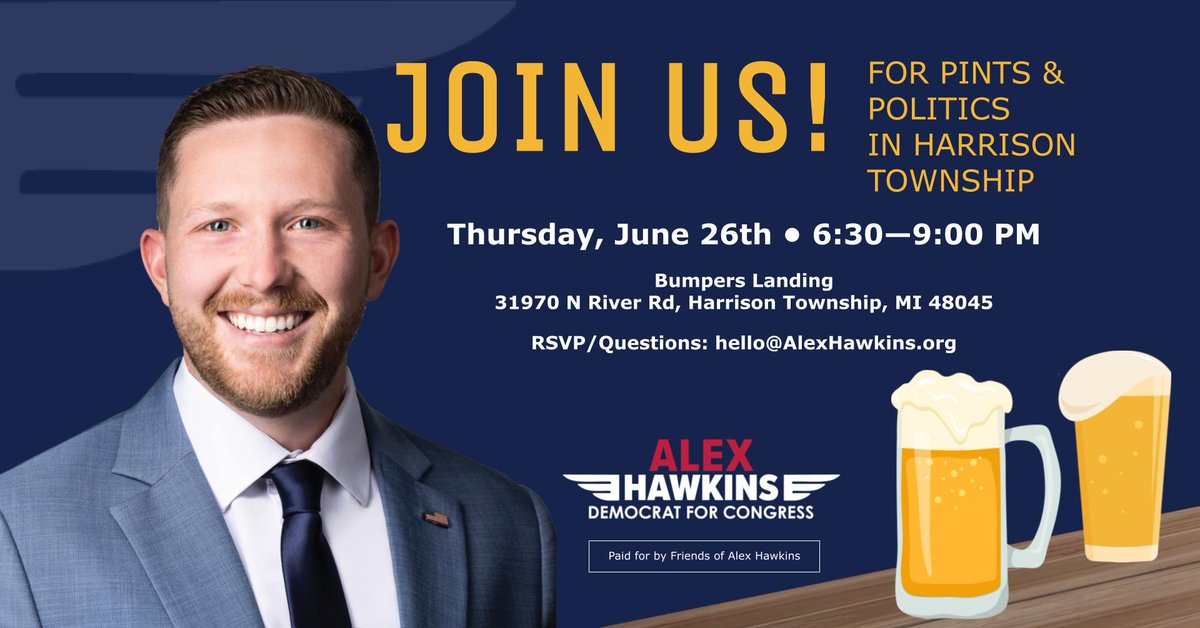 AlexHawkinsMI's tweet photo. Team Hawkins is back in full swing! We have Pints & Politics, Meet & Greets, Fundraisers, and Canvass days all lined up through the first half of the summer. Our goal is to make political campaigns fun, accessible, and effective! Check out our events page and mobilize to sign up an get involved.

You can always reach out to hello@alexhawkins.org with questions. See you out in the field!