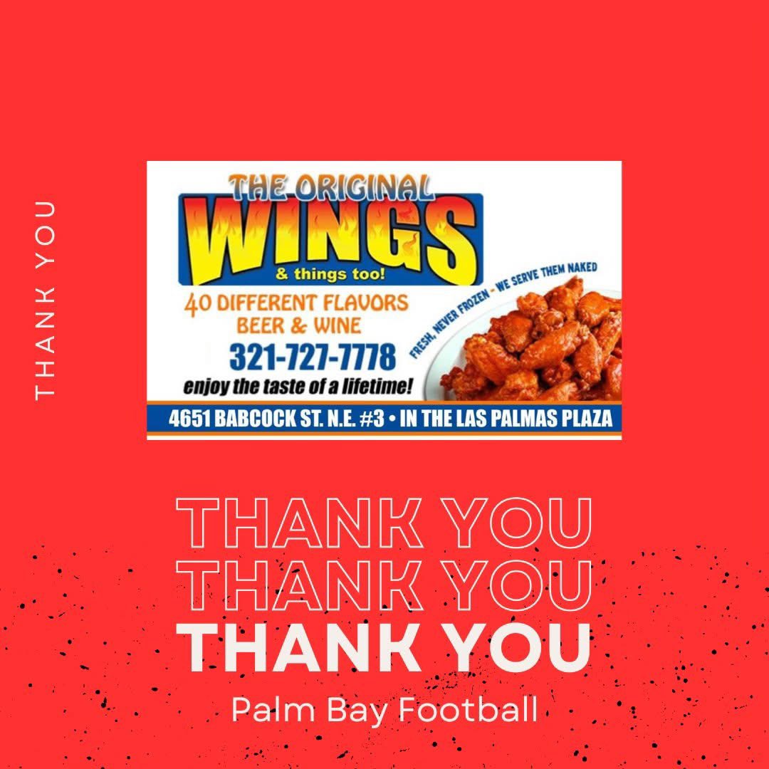 So many thank yous to Wings &amp; Things Too for their generous support of our Palm Bay Football Team! Their contribution will help us provide critical resources needed for our upcoming season.
