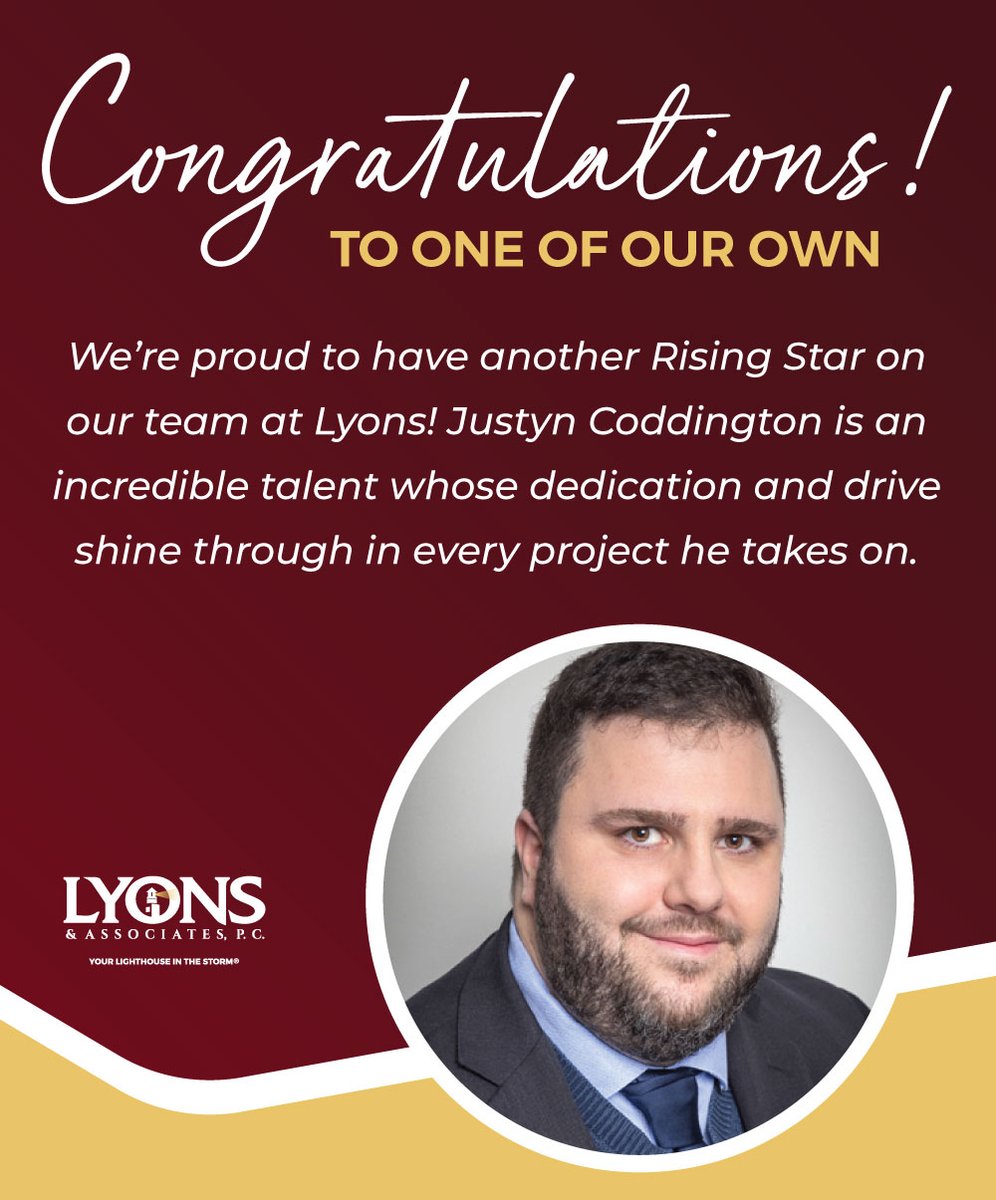 🌟 We’re proud to share that Justyn Coddington, our newest Medical Malpractice Associate, has been named a MedPro Rising Star!

He’ll join top MPL professionals on June 18 for CLE &amp; networking at Salt Creek Grille. Congrats, Justyn! 👏

#LyonsStrong #RisingStar #MedPro