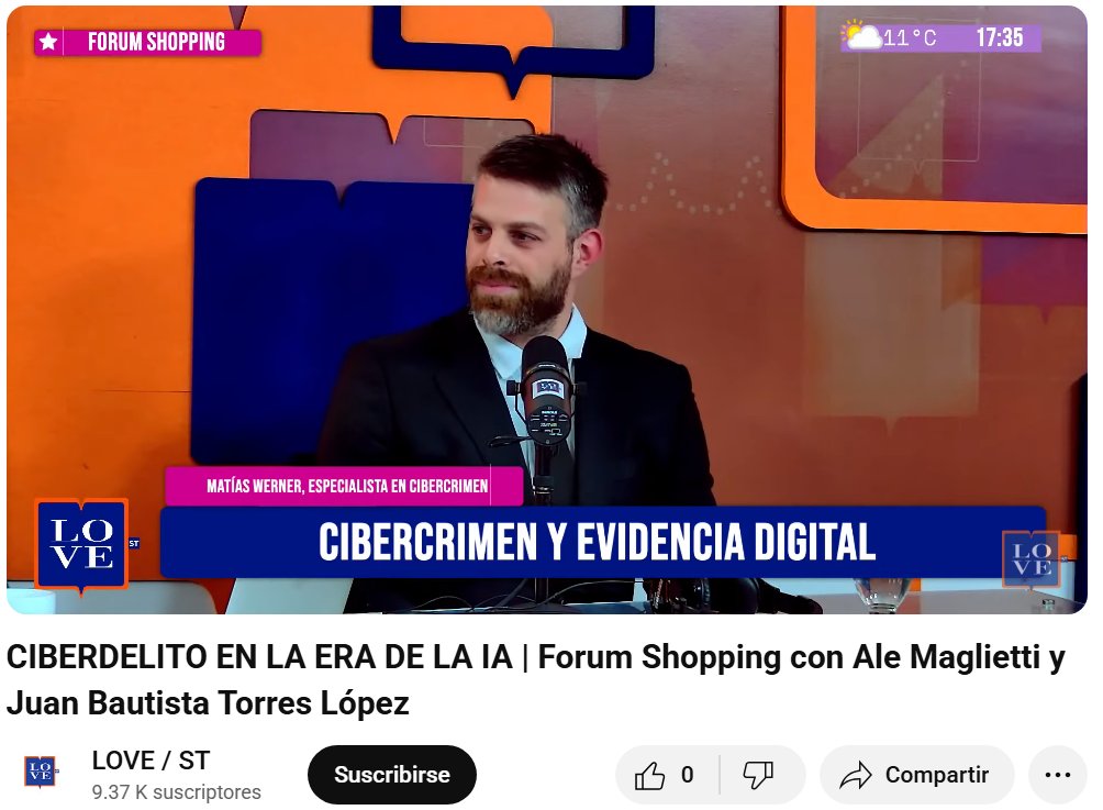 Matias Werner (@matiaswerner) on Twitter photo En "Forum Shopping", en <a href="/somoslovest/">LOVE/ST</a>, con <a href="/alemaglietti/">Alejandra Maglietti</a> y <a href="/jbtorreslopez/">Juan Bautista Torres López (h)</a> hablando sobre cibercrimen, la evidencia digital, nuevas técnicas de investigación y una certeza: en materia de fraudes, nada le gana al Brad Pitt falso.
youtube.com/watch?v=LDu2qc… En "Forum Shopping", en <a href="/somoslovest/">LOVE/ST</a>, con <a href="/alemaglietti/">Alejandra Maglietti</a> y <a href="/jbtorreslopez/">Juan Bautista Torres López (h)</a> hablando sobre cibercrimen, la evidencia digital, nuevas técnicas de investigación y una certeza: en materia de fraudes, nada le gana al Brad Pitt falso.
youtube.com/watch?v=LDu2qc…