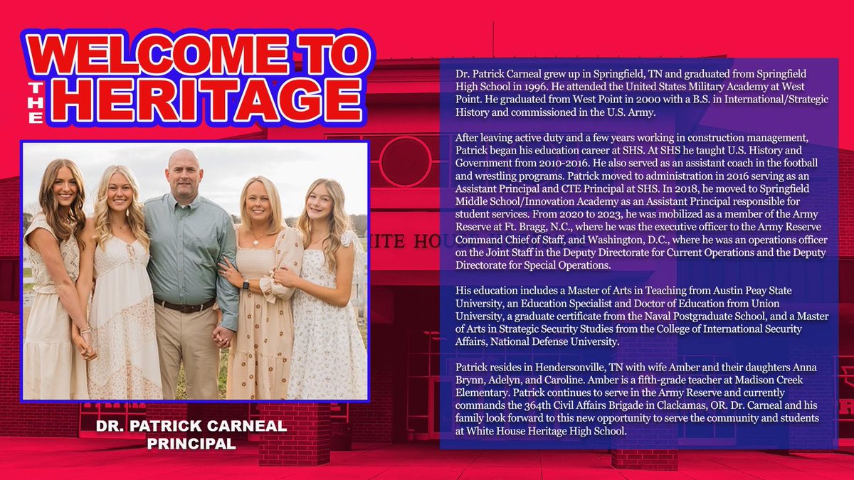 whhhspats's tweet photo. We would like to introduce Dr. Patrick Carneal, the new principal of White House Heritage High School. https://t.co/ttvoVnLhPR