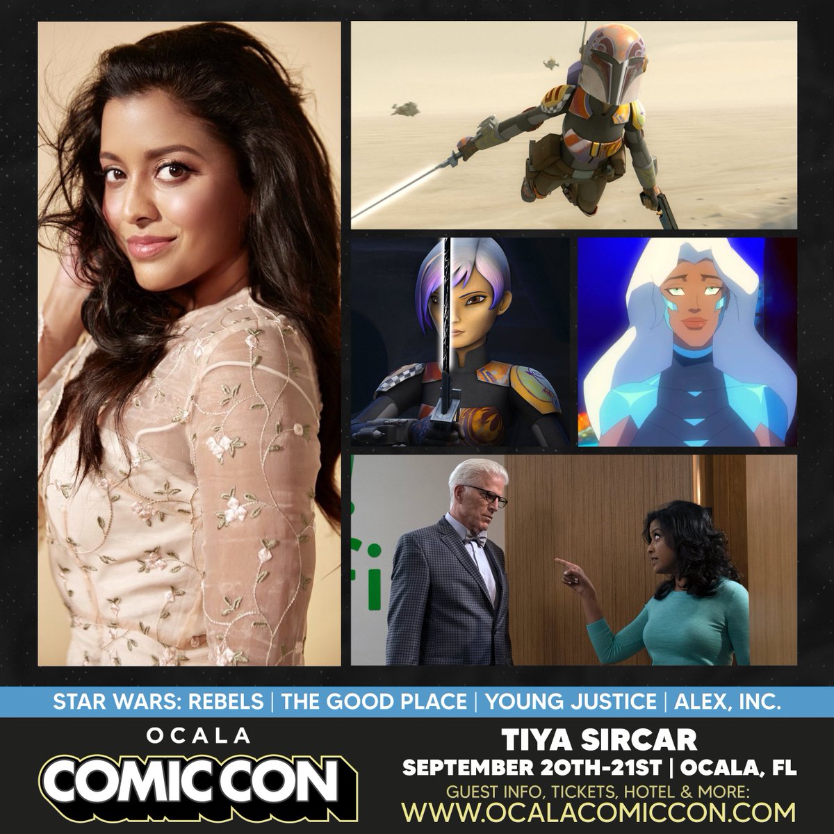 Tiya Sircar will be a guest at the September 20-21, 2025 Ocala Comic Con in Ocala, Florida!

Known for her roles as Sabine Wren on #StarWarsRebels, Vicky on #TheGoodPlace, &amp; so much more!

To view the current guest list and pre-order tickets, please visit: ocalacomiccon.com