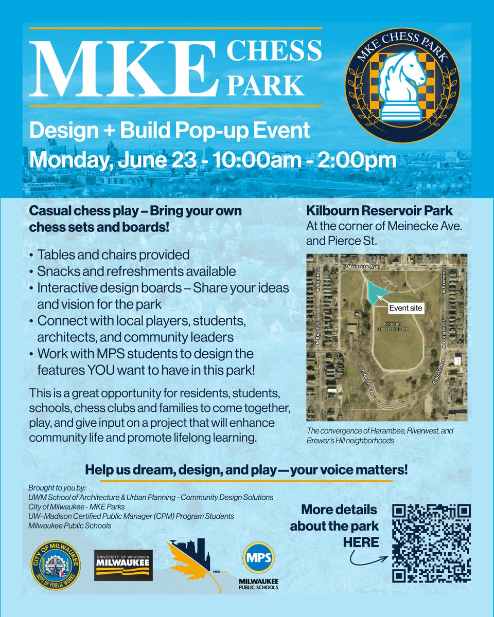 ♟️ Join us June 23, 10 AM–2 PM at Kilbourn Reservoir Park for the 2nd Design &amp; Build Pop-Up Event for MKE Chess Park! Local students are building park features while learning hands-on design and construction. Bring your ideas to help shape Wisconsin’s first outdoor Chess Park! ♟️