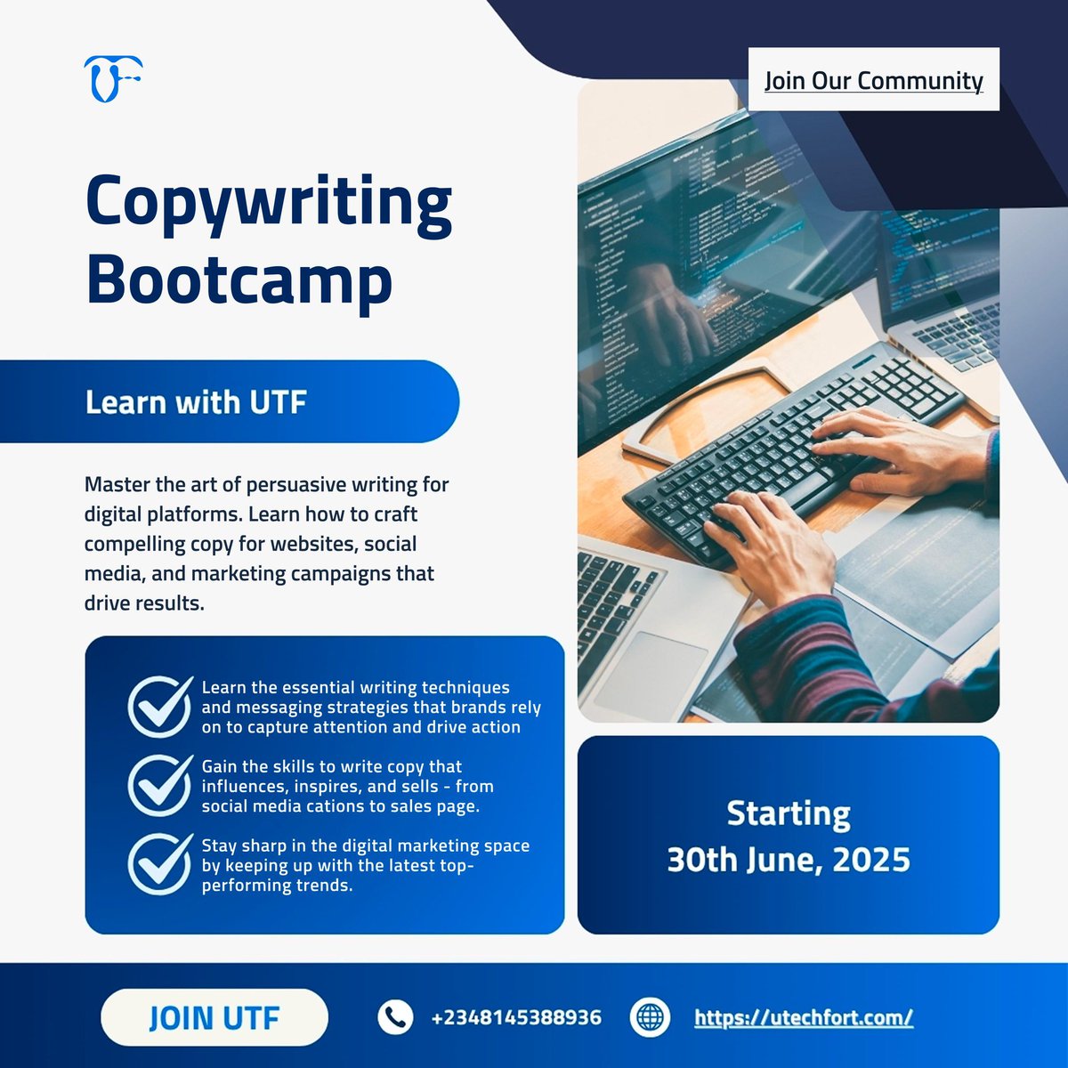 *Click here to get started:* scholarship.utechfort.com

Learn the art of using words to influence and persuade people to take action. The number one skill businesses are looking for.