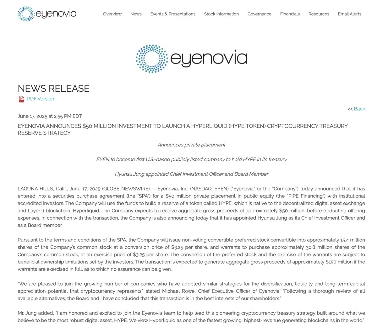 HYPE Treasury Company: Eyenovia (NASDAQ: EYEN) Announces $50 Million  Investment to Launch a Hyperliquid ($HYPE token) Cryptocurrency Treasury  Reserve Strategy Announces private placement EYEN to become first  U.S.-based publicly listed company to