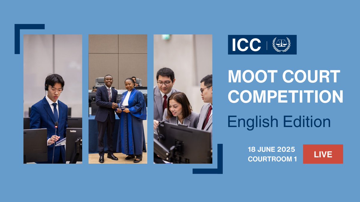 IntlCrimCourt's tweet image. 85 universities, 45 countries – and only 3 teams remaining in the final round of the #ICC Moot Court Competition in English. 🎥Watch it live tomorrow at 09:30 (CEST) &amp;amp; find out who the winner is:
➡️FB: facebook.com/InternationalC…
➡️Website: icc-cpi.int/streaming-all-…

#KnowledgeAsPower