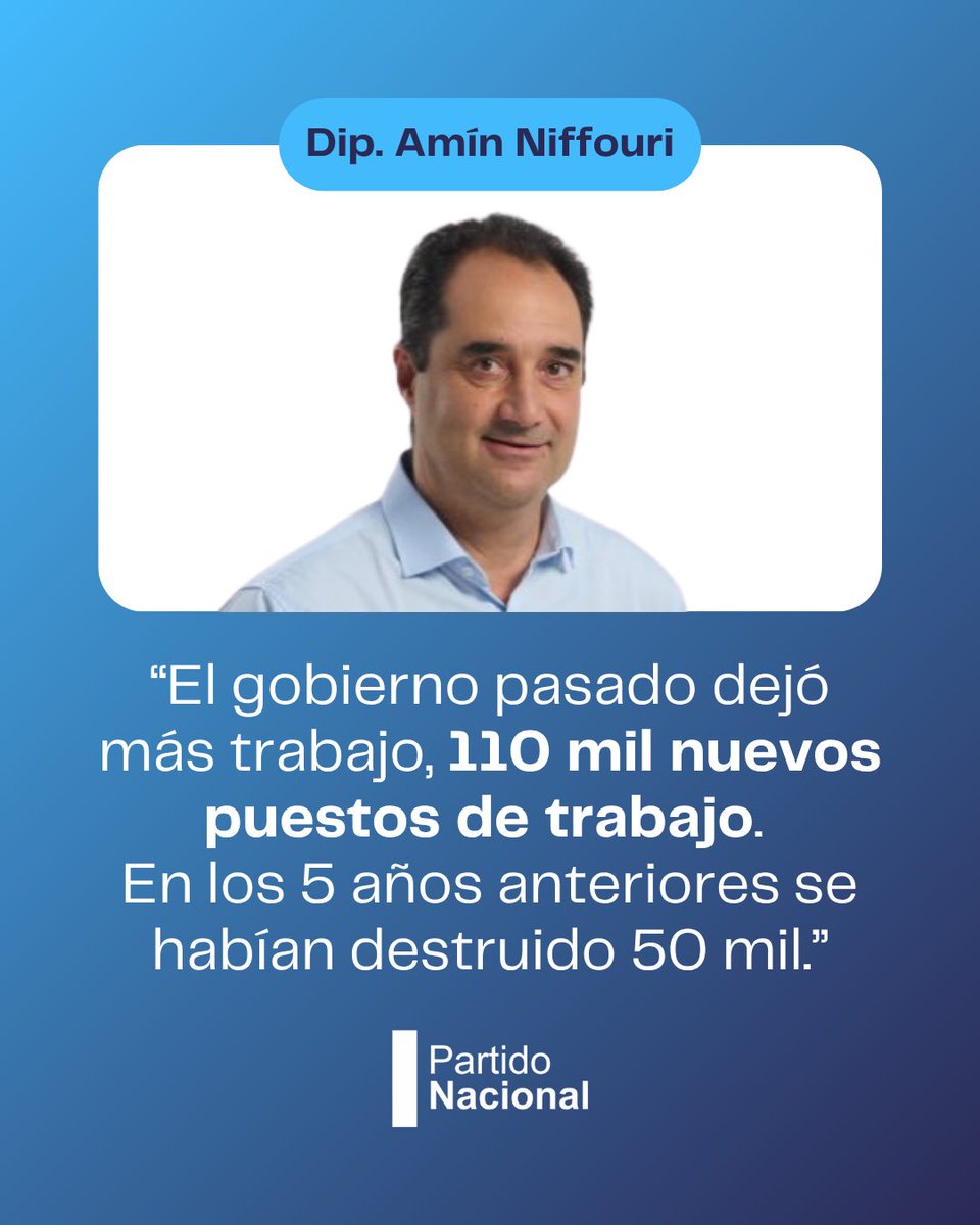 RENDICIÓN DE CUENTAS

🎙️Diputado <a href="/ANiffouri/">Amin Niffouri Blanco</a> “El gobierno pasado dejó más trabajo, 110 mil nuevos puestos de trabajo.
En los 5 años anteriores se habían destruido 50 mil.”